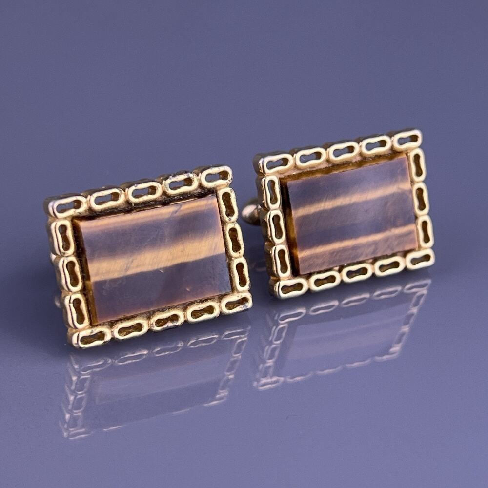 Rectangle Tigers Eye Cufflinks Gold Plated Oval Chain Loops Swank Vintage
